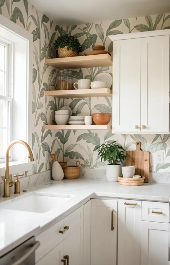 Kitchen accent wall with soft botanical leaf wallpaper in sage and cream