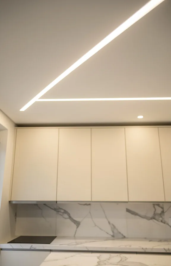 Kitchen ceiling detail showing recessed linear lighting fixtures creating clean modern look