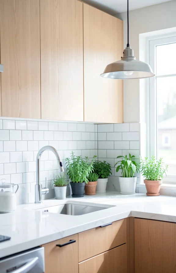 Modern kitchen workspace with bright white subway tile backsplash