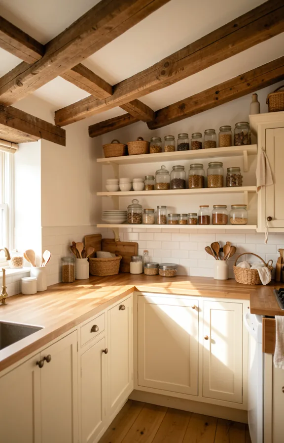 Farmhouse kitchen with thick exposed wooden beams across white ceiling