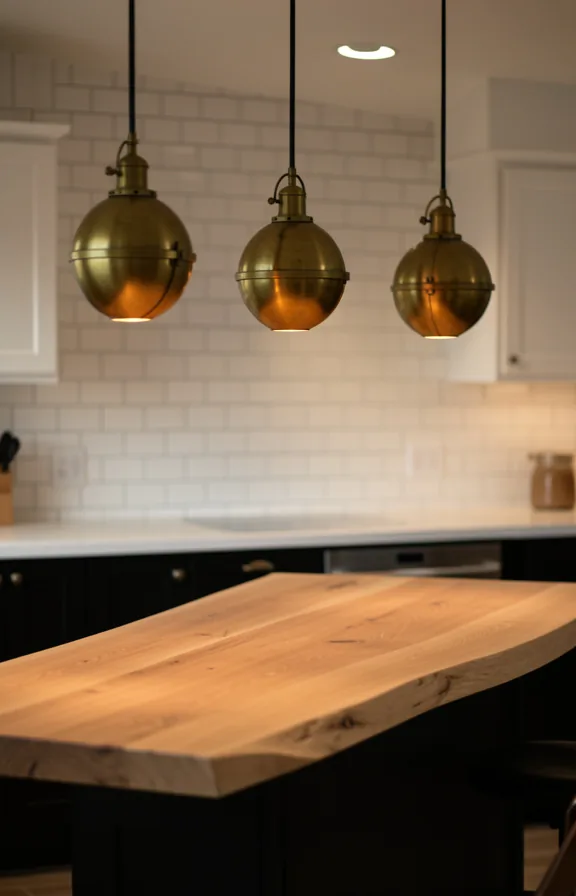Kitchen island pendant light moment with three vintage brass globe pendants hanging above light w