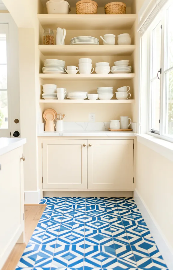 Kitchen entryway with geometric blue and white patterned hexagon floor tiles