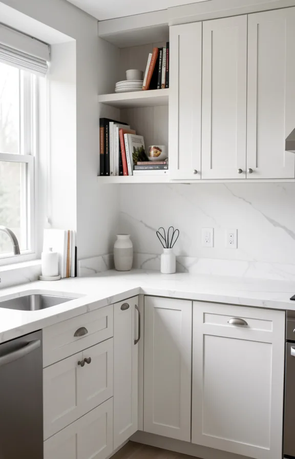Clean kitchen interior with soft white five-panel shaker cabinets