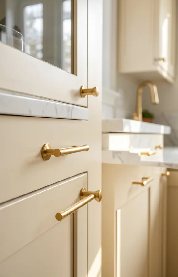 Kitchen cabinetry detail showing brass gold bar pulls on cream cabinets