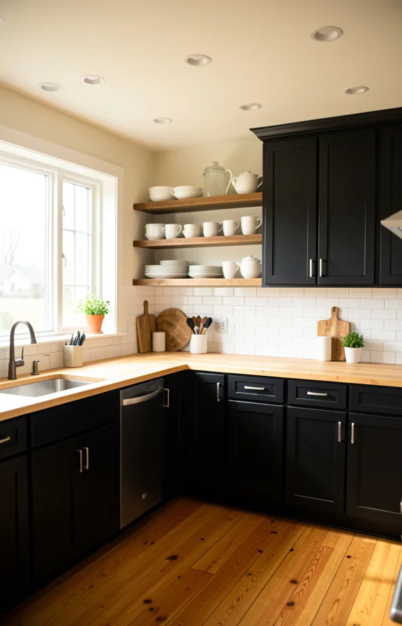 open floating shelves displaying white ceramic, butcher block countertop
