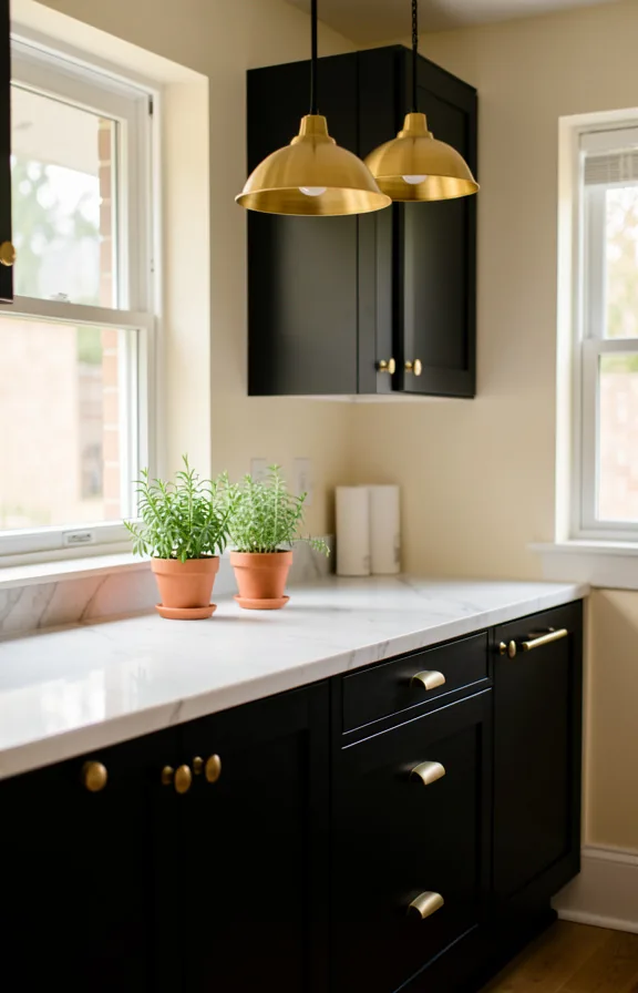 Black cabinet kitchen with warm brass bar pulls and knobs