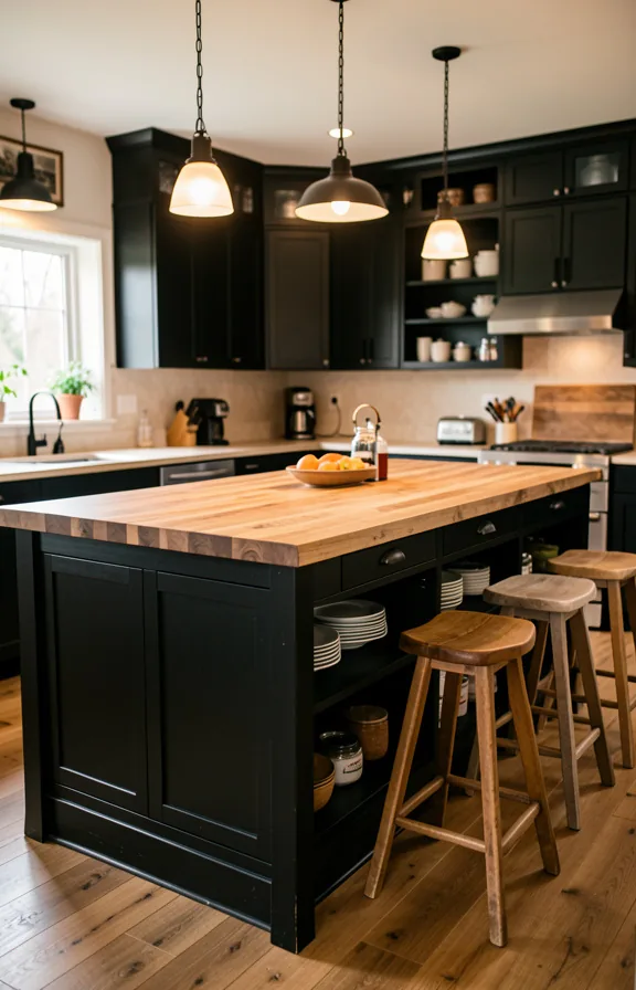 Large rustic kitchen island with black cabinetry, thick butcher block top
