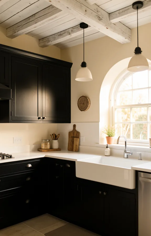 Black cabinet kitchen with white washed exposed beam ceiling
