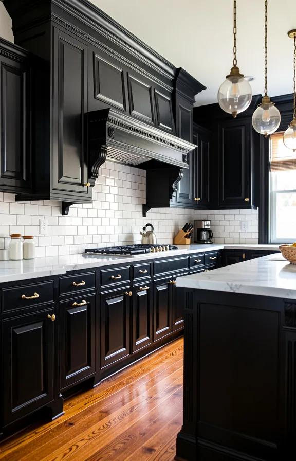 Victorian style kitchen with black inset panel cabinetry