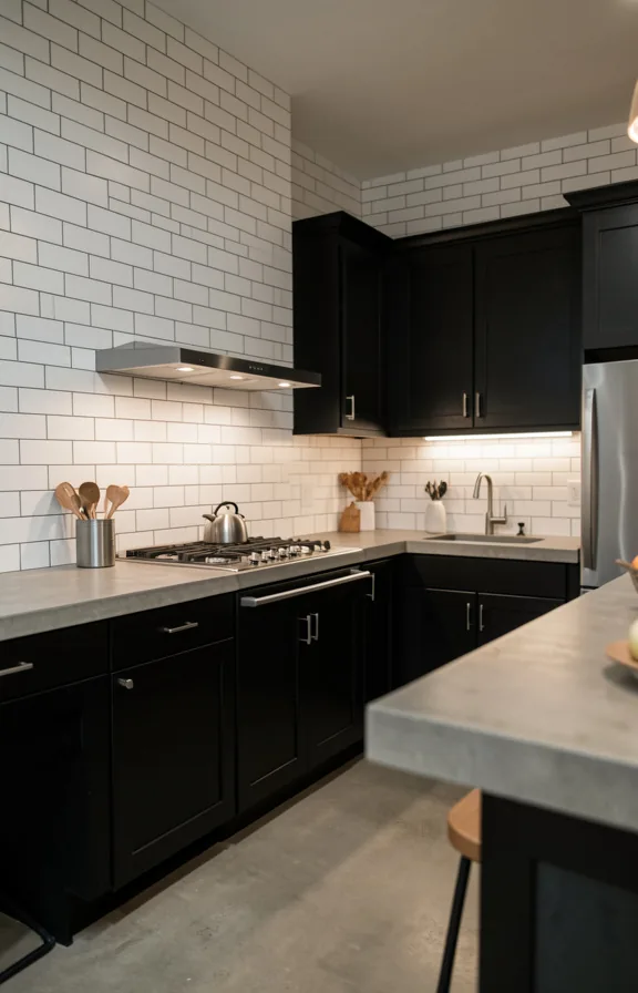 Full kitchen view with black cabinetry, white subway tile backsplash extending to ceiling