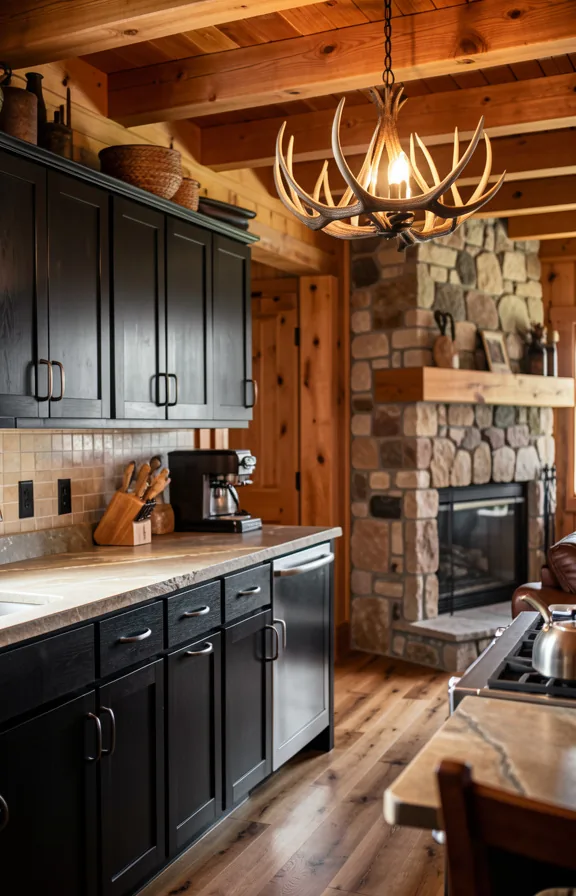 Mountain lodge kitchen with black rustic cabinetry, natural stone countertop