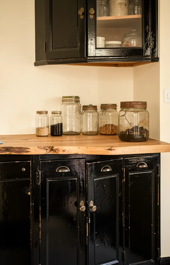 Distressed black glazed cabinet kitchen, cream colored walls