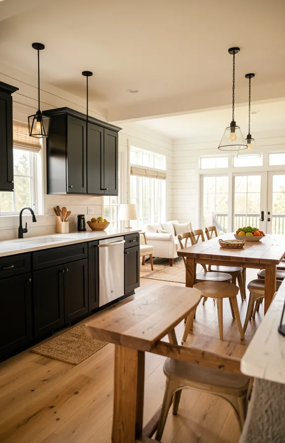 Open concept farmhouse kitchen with black cabinetry, flowing into dining area