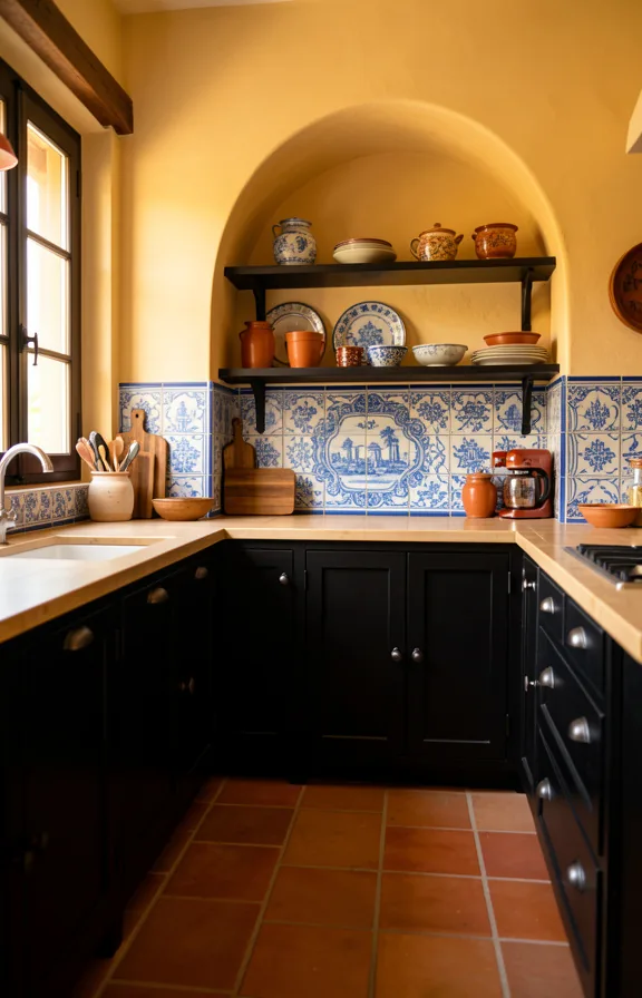 Spanish influenced kitchen with black cabinetry