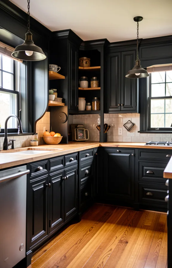Craftsman style kitchen featuring black inset cabinetry with detailed trim work