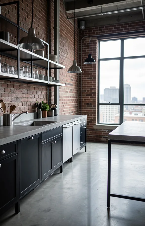 Full industrial loft kitchen with black metal-frame cabinetry