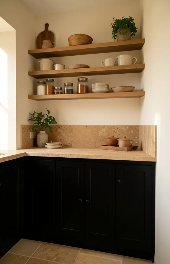 Black cabinet kitchen paired with warm stone countertop
