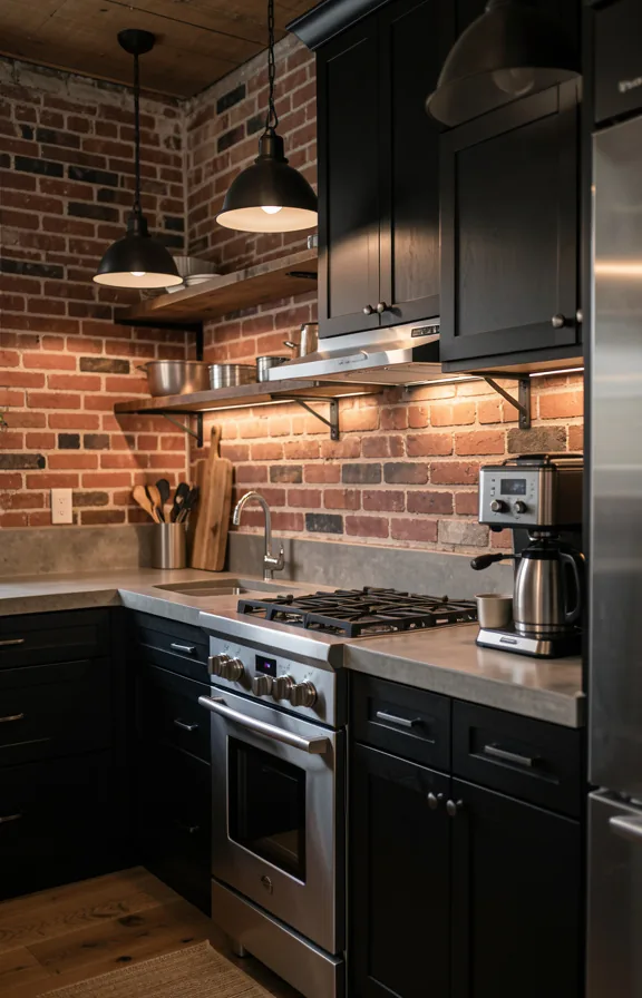 Rustic black kitchen cabinetry with stainless steel appliances