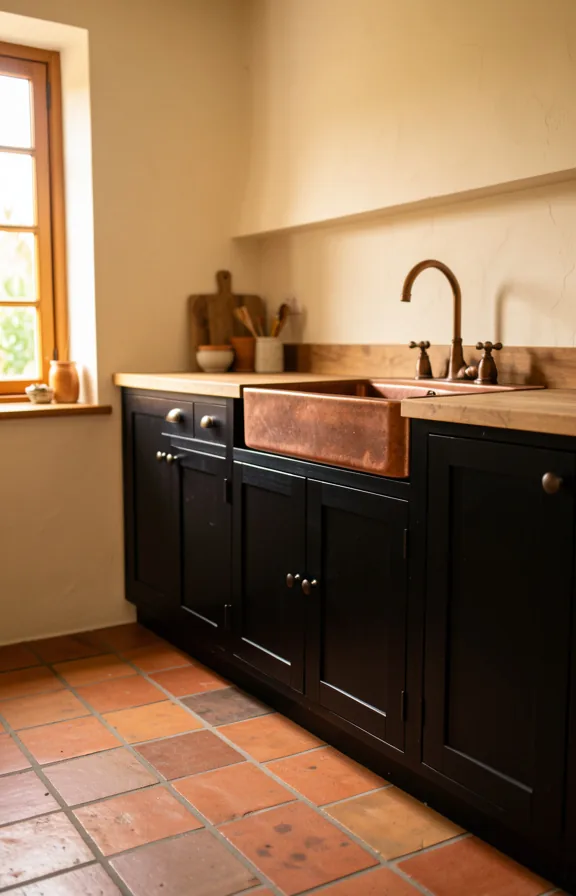 Black cabinet kitchen with natural terracotta tile floor