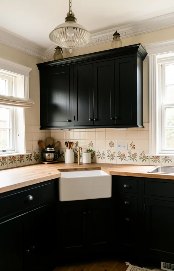 English country kitchen with black painted cabinetry, decorative crown molding