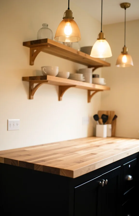 Black cabinet kitchen with thick butcher block countertop