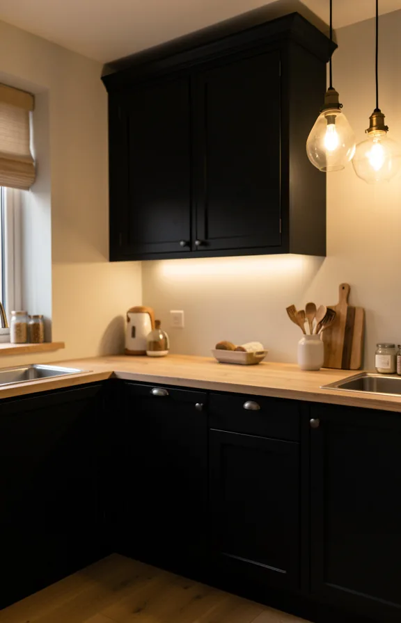 Moody black kitchen cabinet space with warm ambient lighting creating cozy shadows