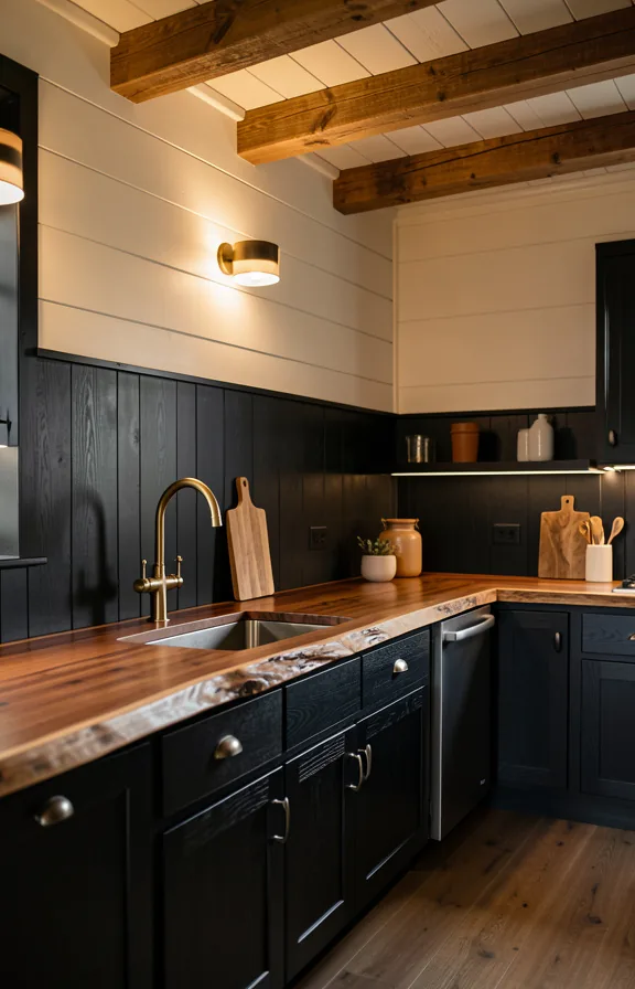 Complete modern rustic kitchen featuring black cabinetry with natural wood grain