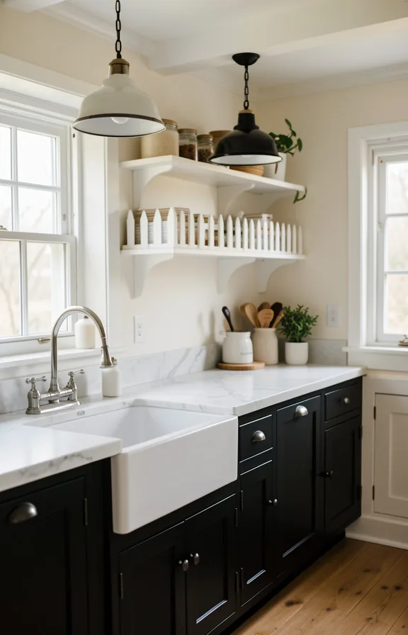 Cottage kitchen interior with black hand-painted cabinet doors
