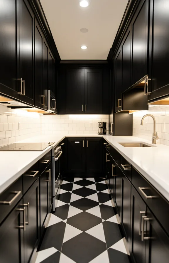 Narrow galley kitchen with black shaker cabinets lining both walls