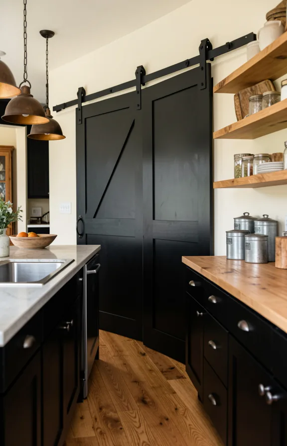 Rustic kitchen with black cabinetry, sliding black barn door concealing pantry