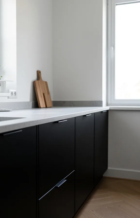 Scandinavian black cabinet kitchen with clean lines, light gray stone countertop