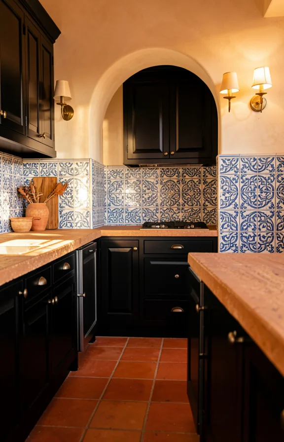 Mediterranean kitchen with black cabinetry, tumbled stone countertop in warm terracotta