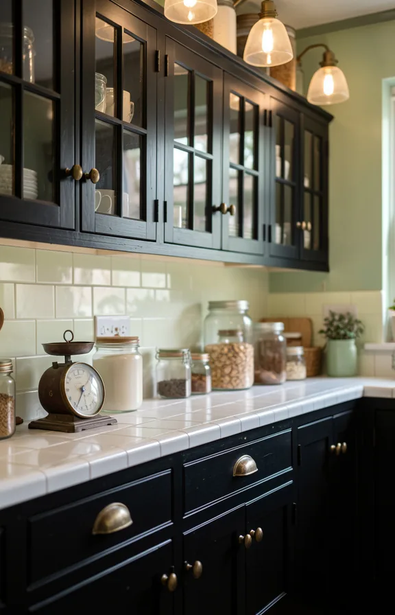Vintage apothecary style kitchen with black painted cabinet doors with small glass panes