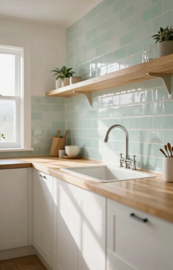 white shaker cabinets below, warm wood open shelves
