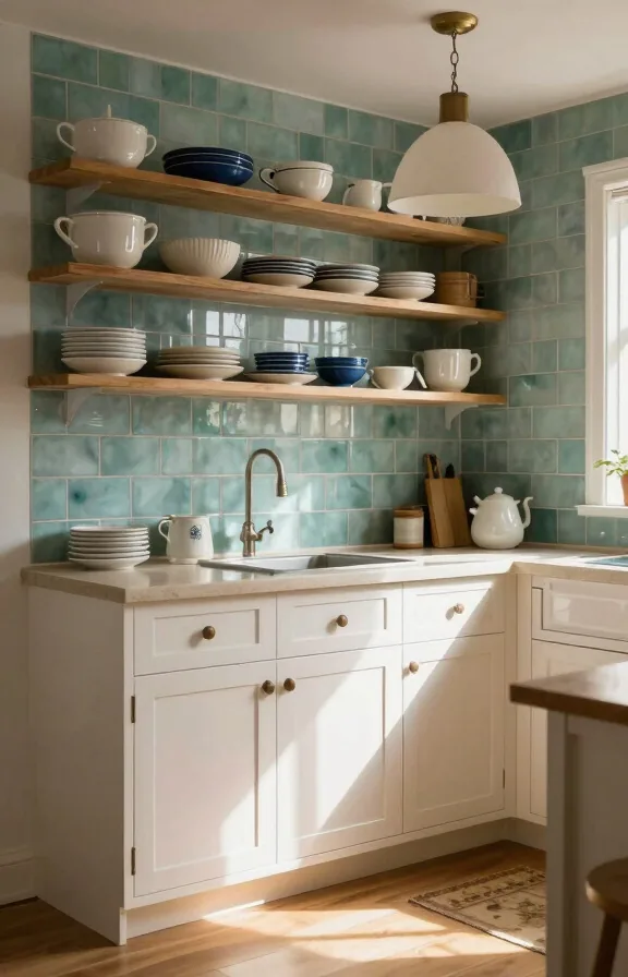 Cottage kitchen featuring soft teal sea glass tile backsplash