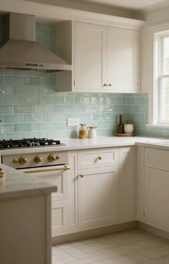 Kitchen with pale seafoam brick-pattern sea glass tiles on backsplash