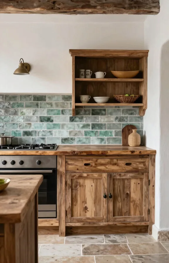 Rustic coastal kitchen showing gray-green sea glass tile backsplash