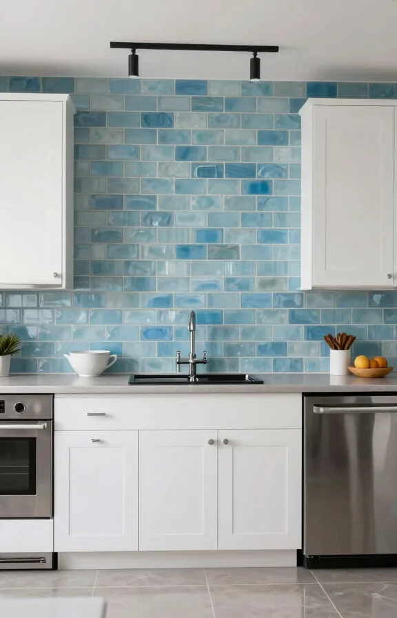 Modern kitchen accent wall with frosted blue sea glass subway tiles