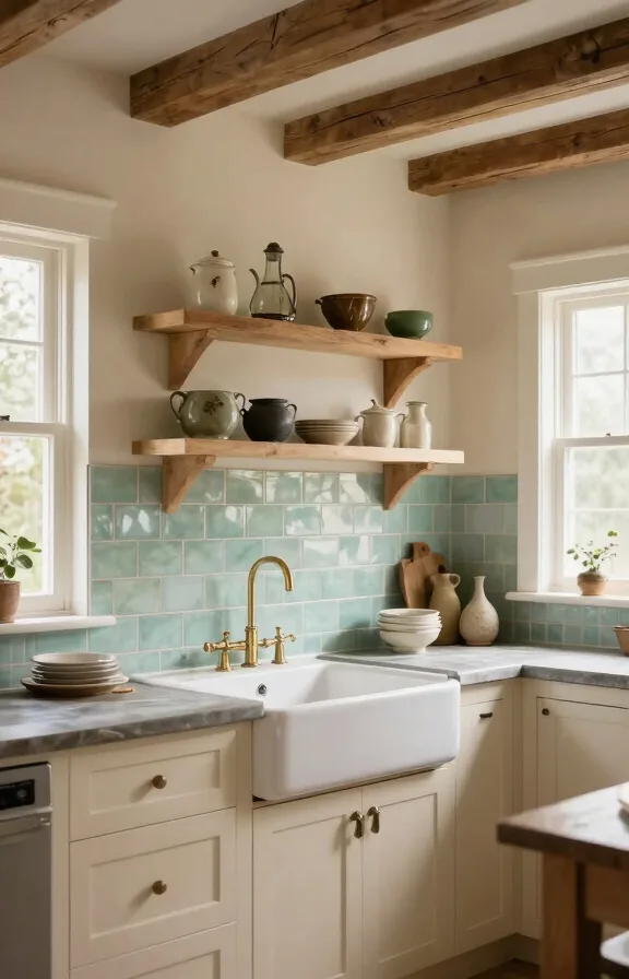 Farmhouse kitchen with soft celadon sea glass tile backsplash