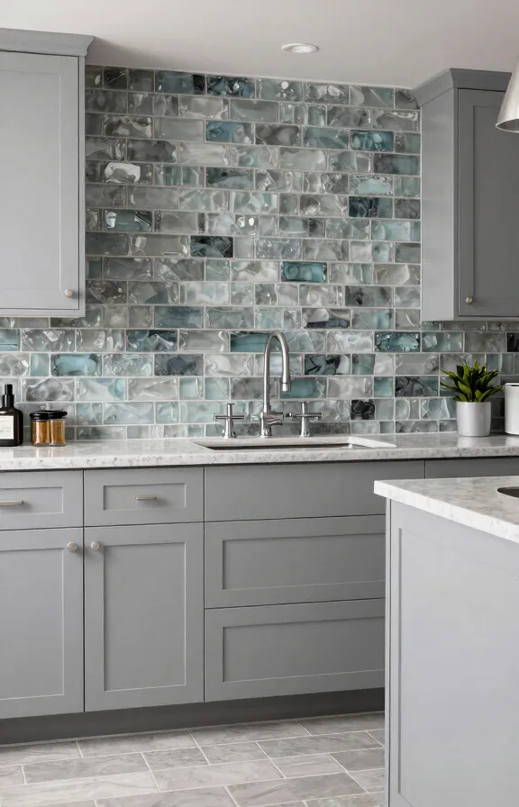 Kitchen showcasing weathered textured glass sea glass tile backsplash creating visual depth