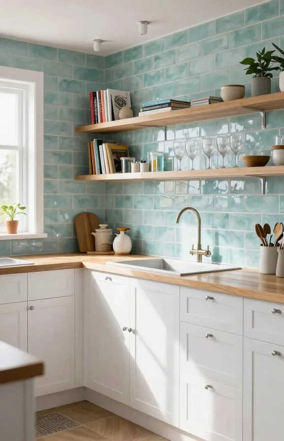 Open kitchen with pale turquoise sea glass tiles forming backsplash