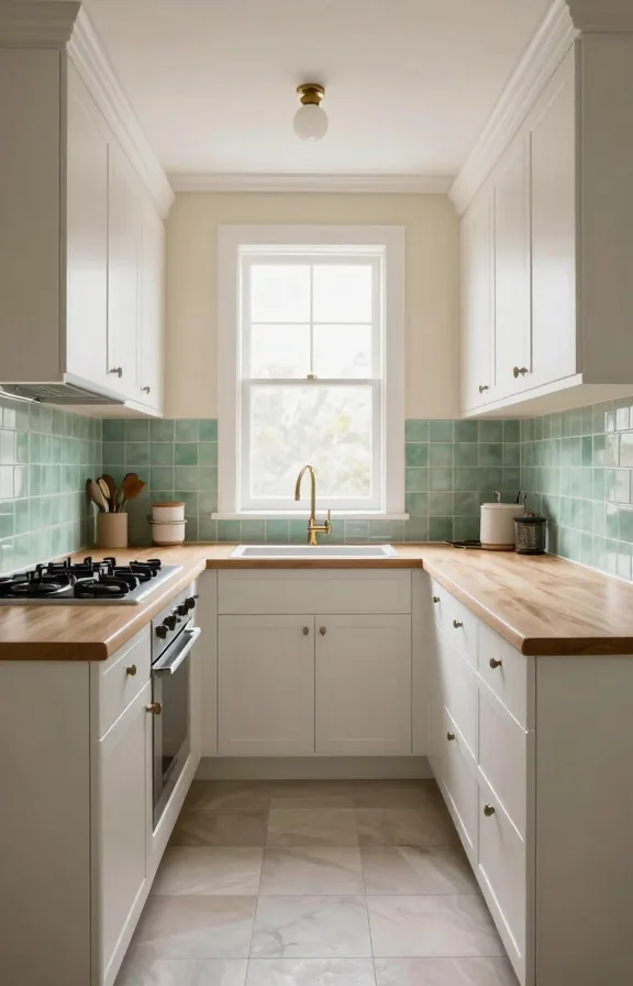 Galley kitchen with soft green sea glass backsplash tiles