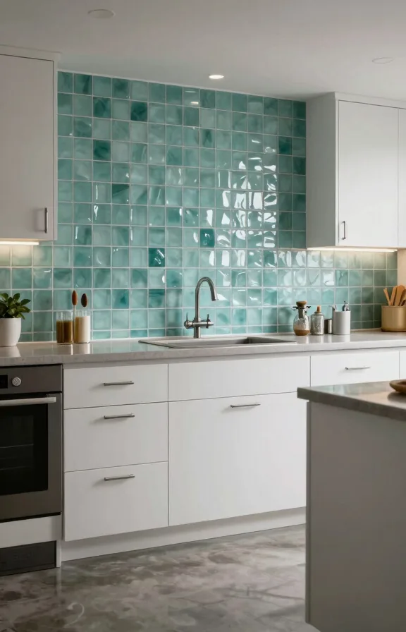 Kitchen featuring frosted aqua beveled sea glass tiles on backsplash creating dimensional visual