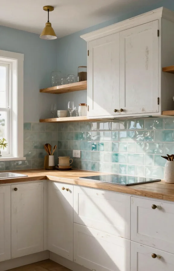 Full kitchen view showing weathered pale blue walls