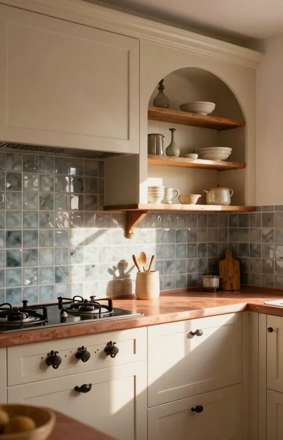 Mediterranean-inspired kitchen with gray-blue sea glass tile backsplash