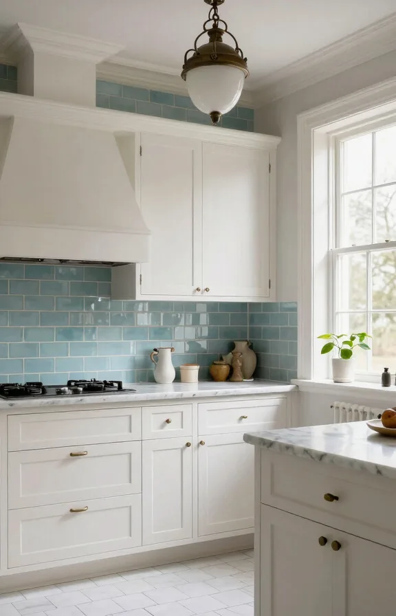 Victorian-era kitchen renovation showing soft blue sea glass subway tile backsplash