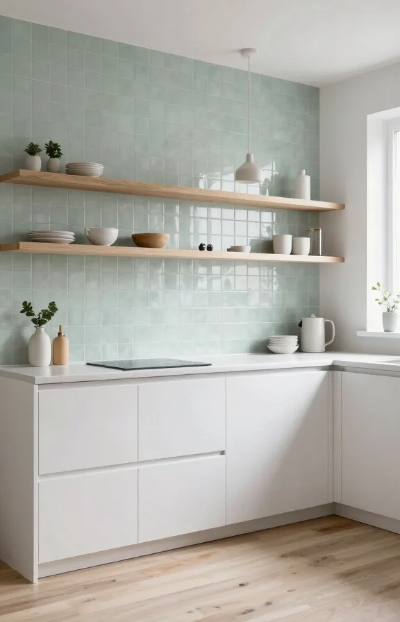 Scandinavian kitchen with pale green sea glass tile backsplash