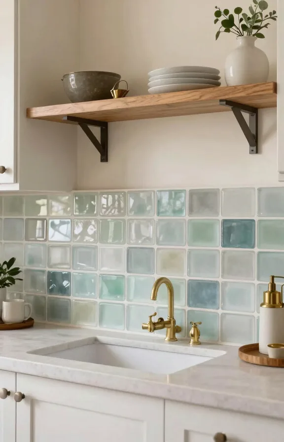 Kitchen showcasing handmade frosted sea glass tiles in varying pale tones creating organic backsplash
