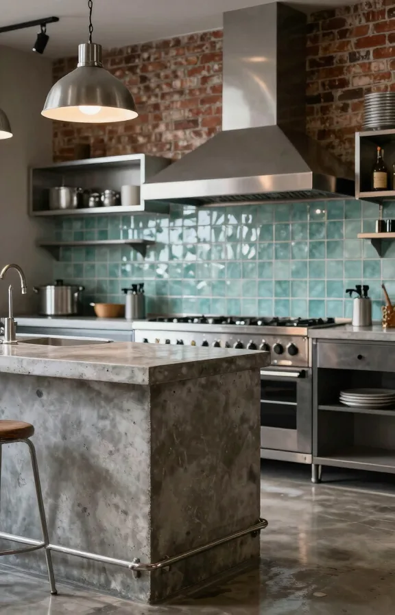 Industrial kitchen with soft teal sea glass tile backsplash