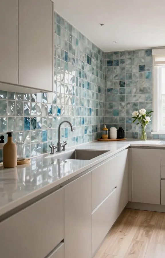 Compact kitchen upgrade featuring weathered blue-gray sea glass tile backsplash maximizing visual